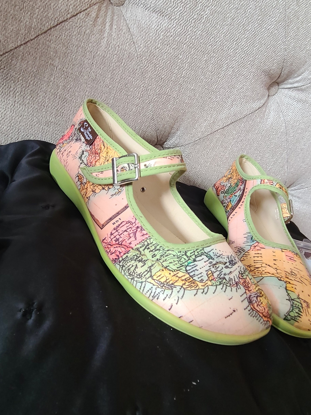 Map-Print Mary Jane Flats with Pastel Green Trim - Picture 2 of 6
